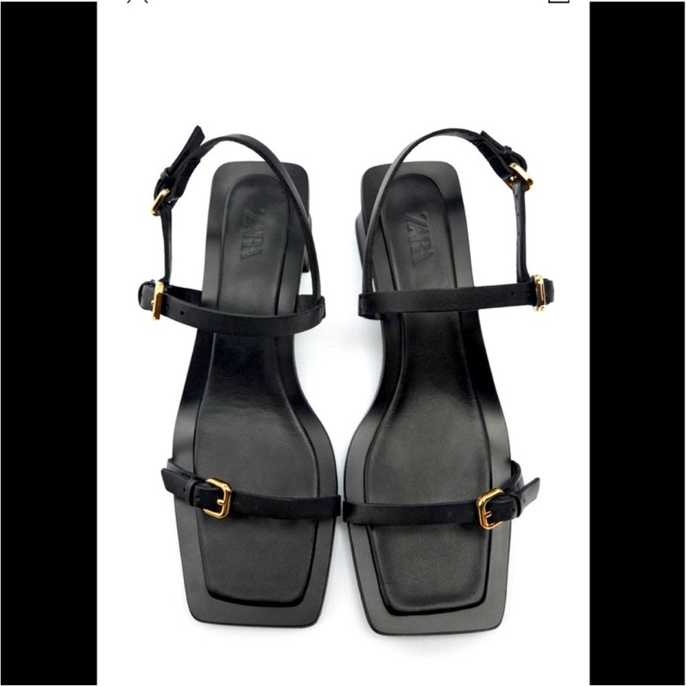 Zara Black Strappy Square-Toe Heeled Sandals with Gold Buckles
